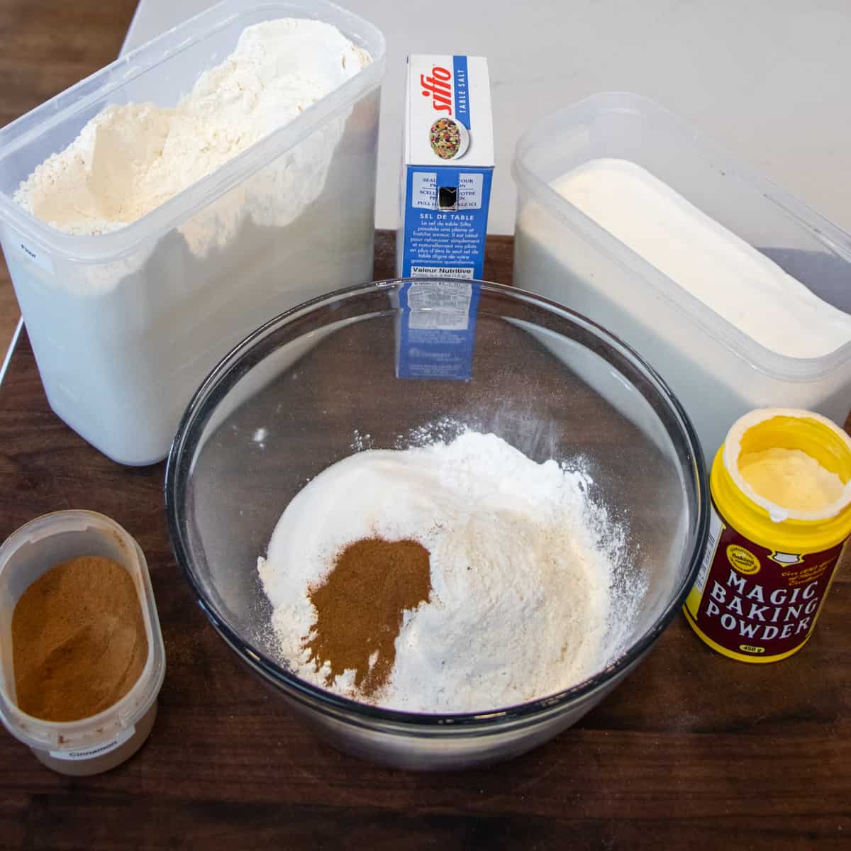 Dry ingredients for the scones placed in a glass bowl.