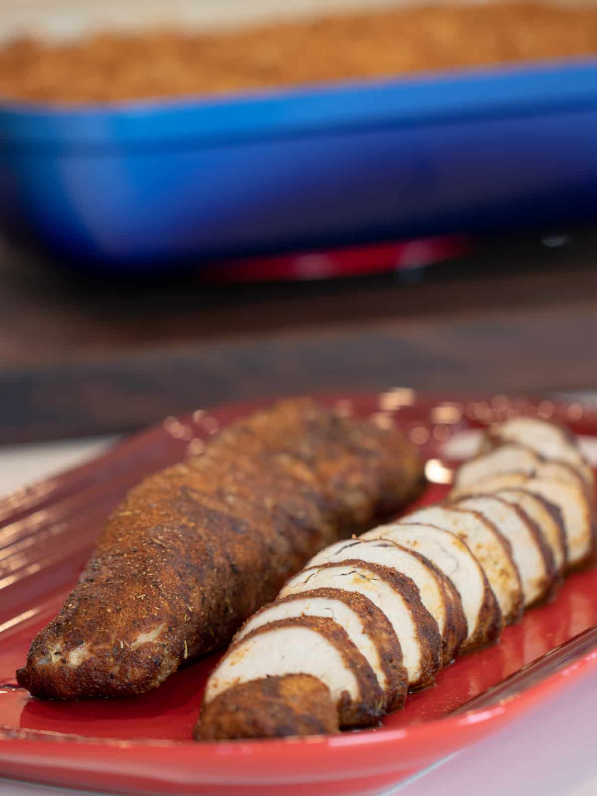 Baked pork tenderloin ready to serve.