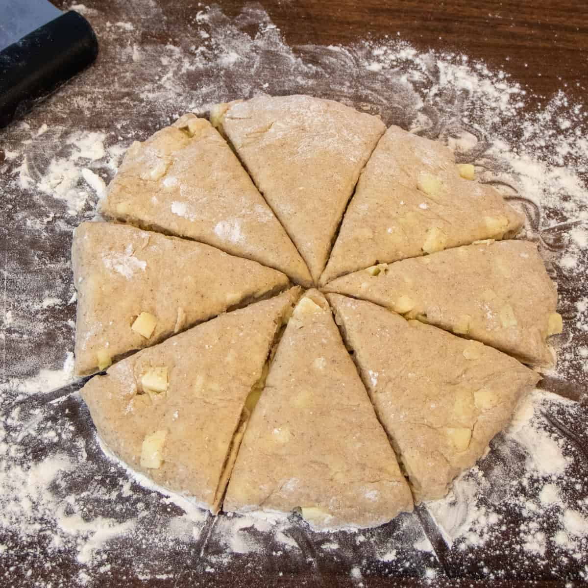 Scone dough cut into eight wedges.