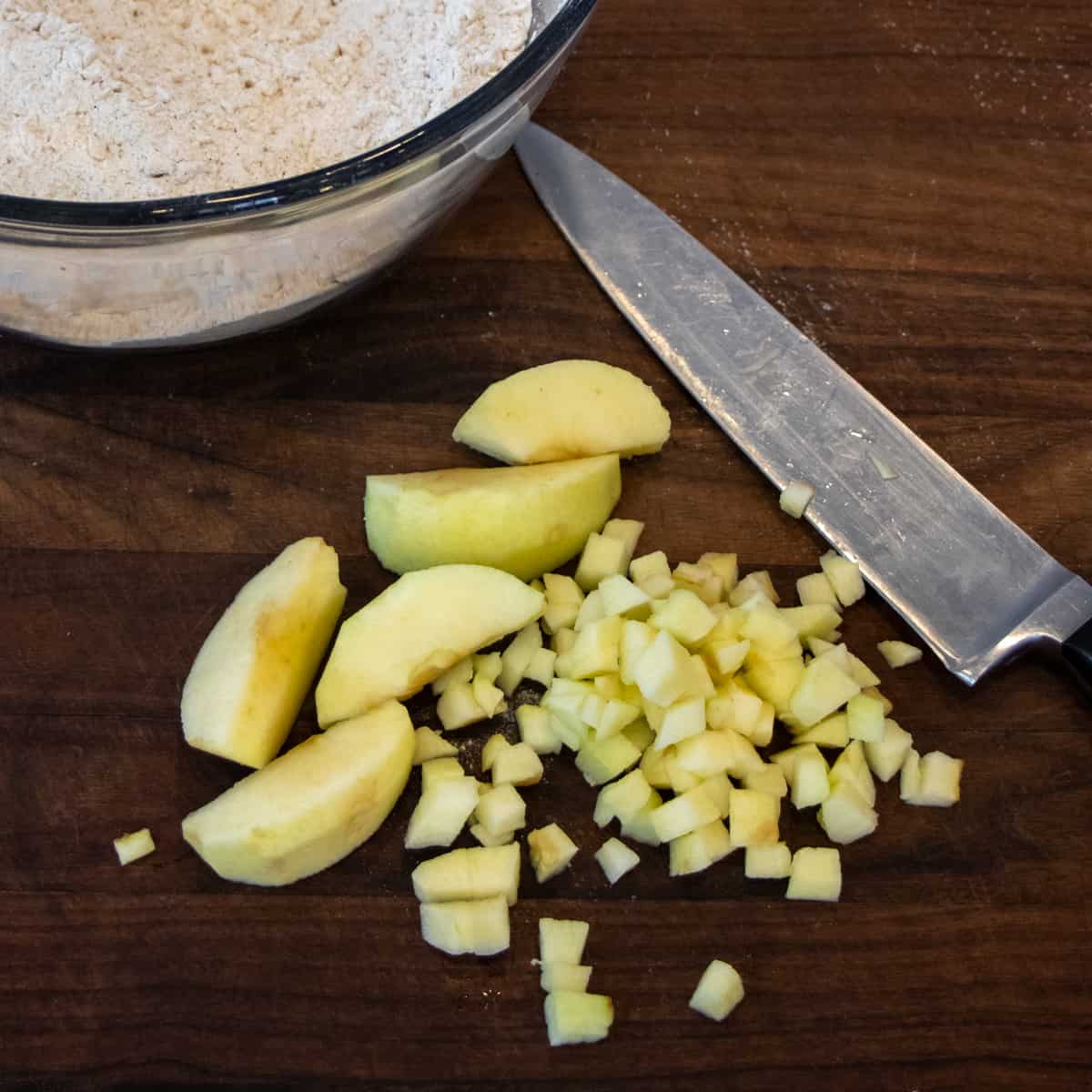 Apple wedges peeled and diced into small chunks.