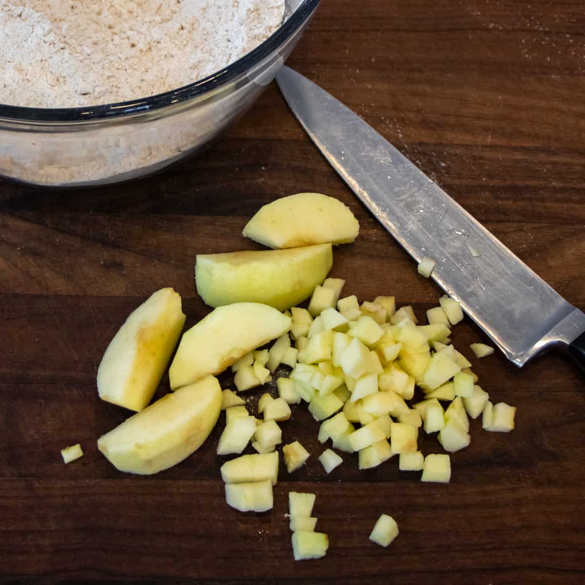 Apple wedges peeled and diced into small chunks.