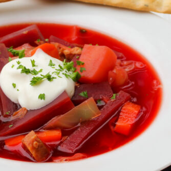 Close up picture of a bowl of soup with a dollop of sour cream.