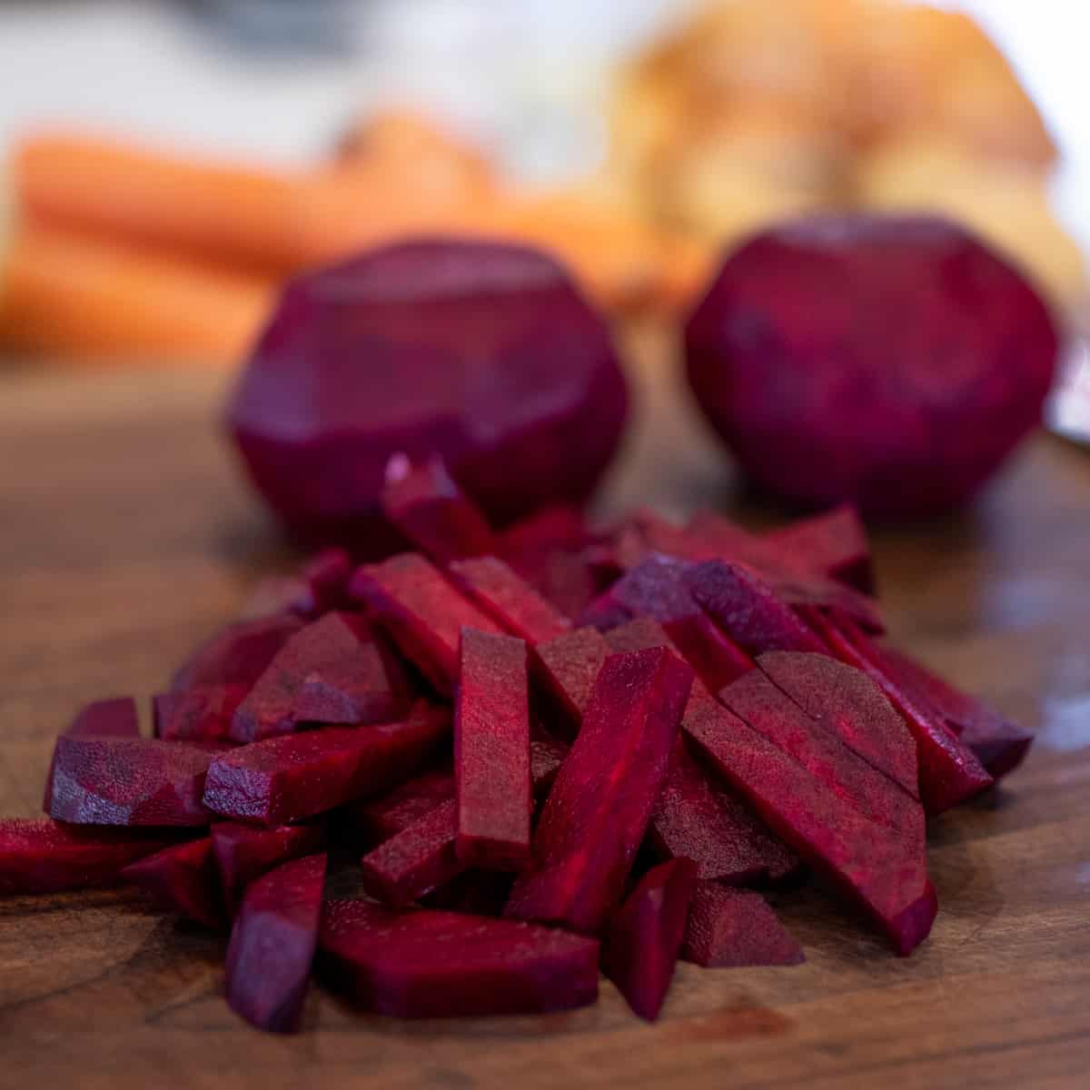 Fresh beets peeled and cut into long sticks similar to French fries.