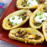 Close up picture of baked potato skin appetizers.