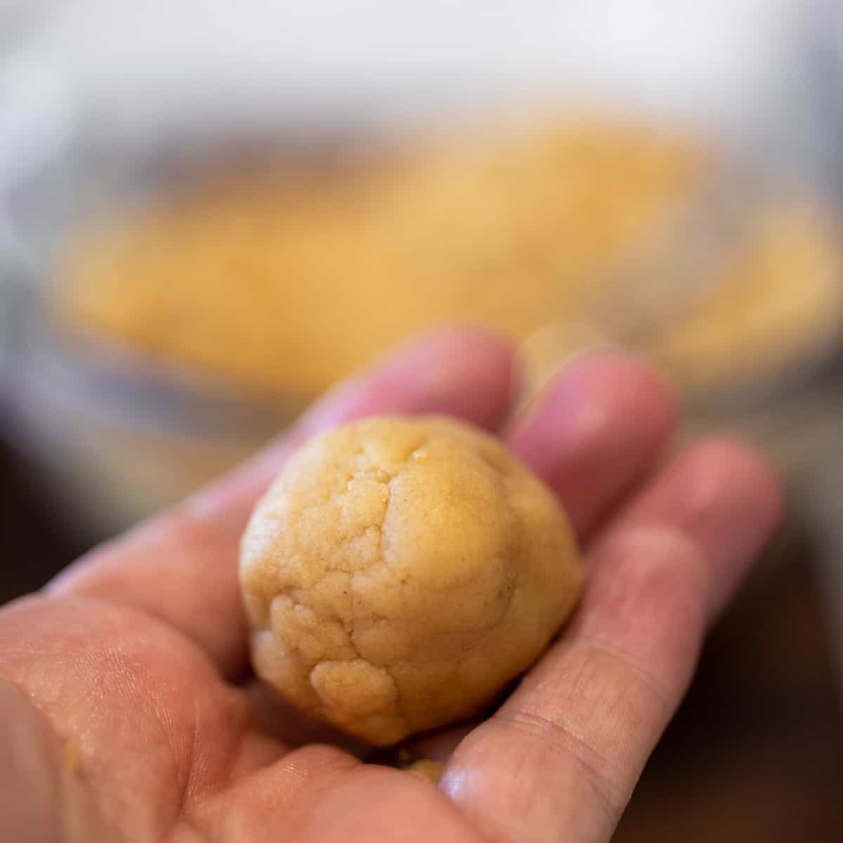 A ball of cookie dough in a hand.