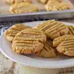 A close up of a plate of peanut butter cookies.