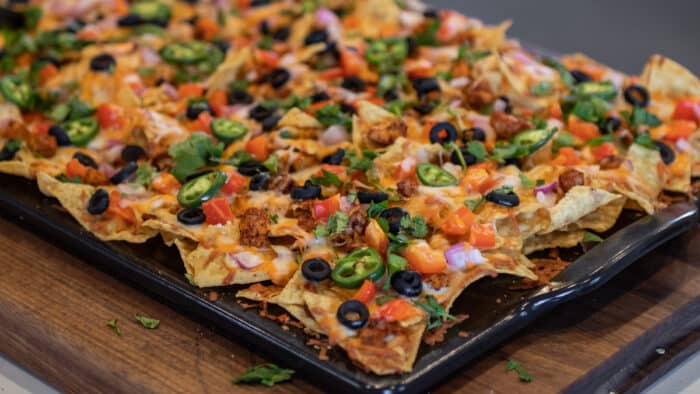 Fresh baked nachos out of the oven.