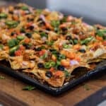 Baked chicken nachos fresh out of the oven.