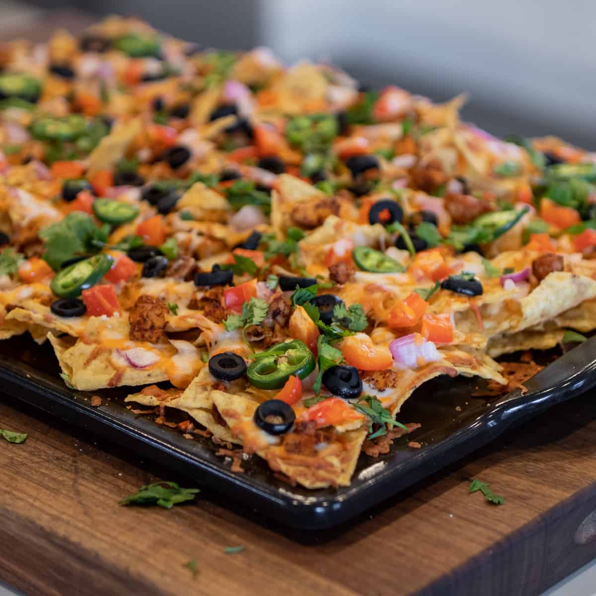 Baked chicken nachos fresh out of the oven. 