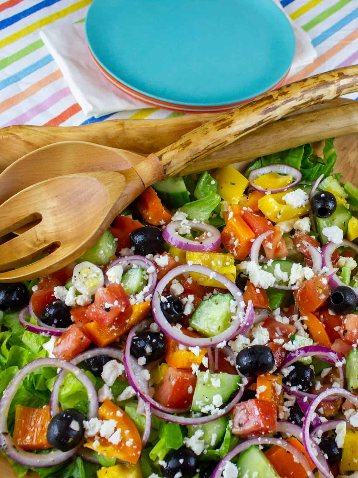 Greek salad in a large serving bowl.