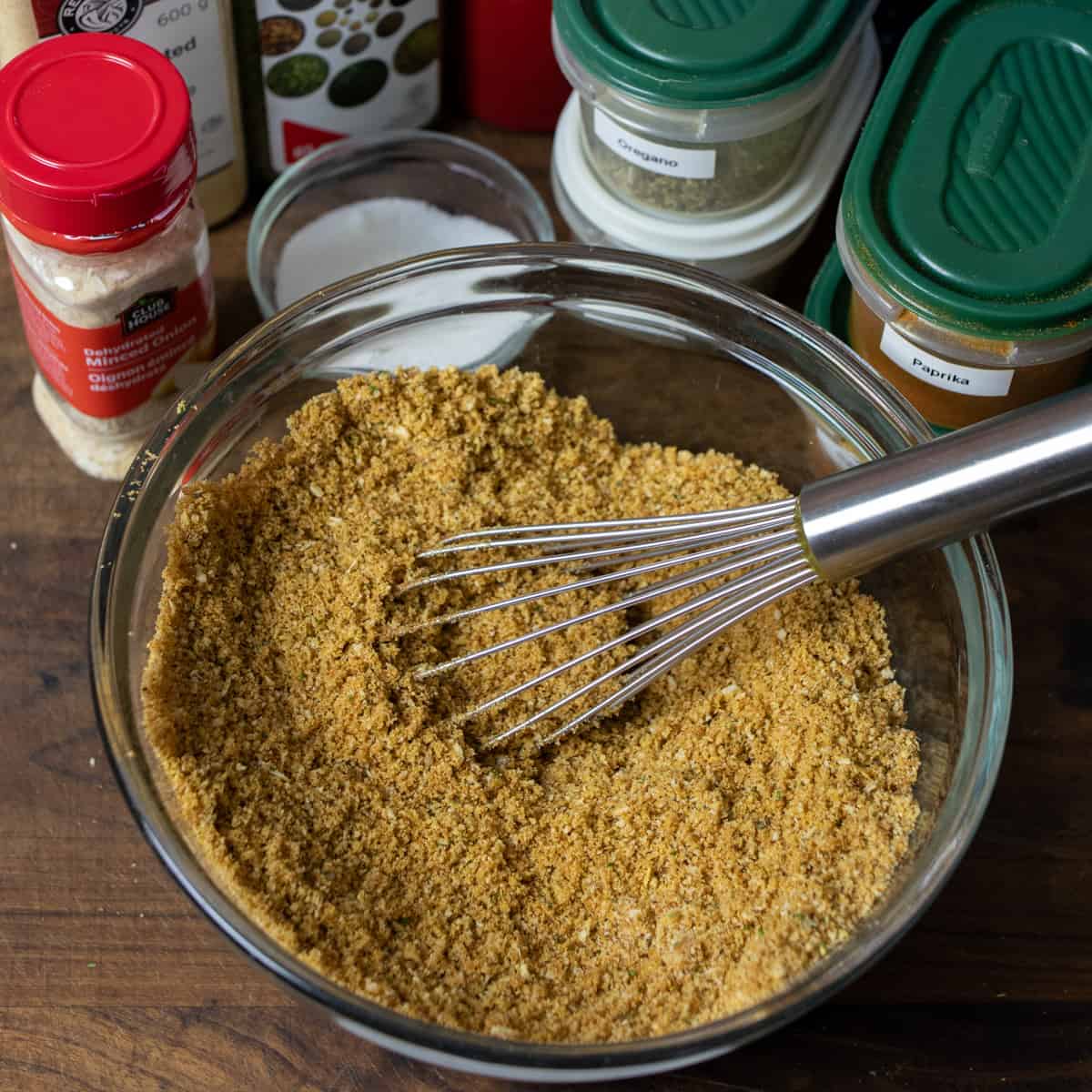 Shake and bake all mixed together with a metal whisk in a glass bowl.