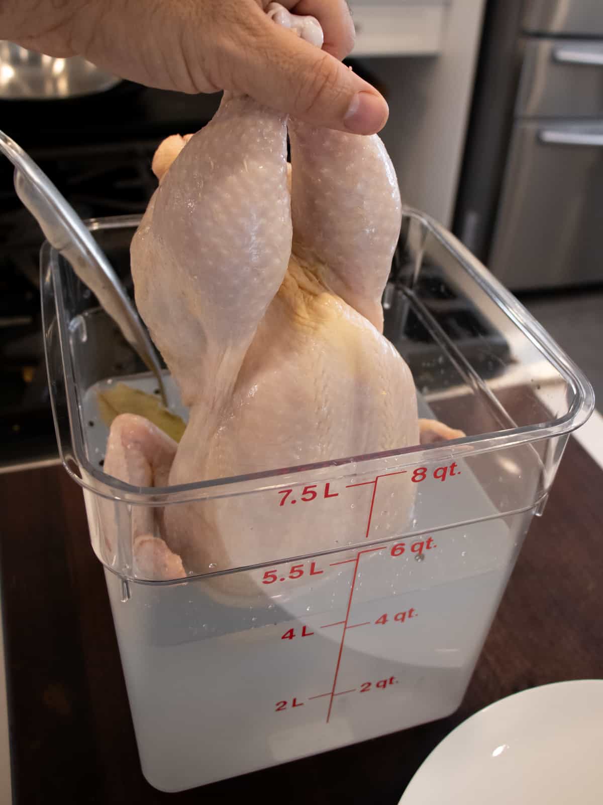 Lowering a whole chicken by its legs into a container of brine.