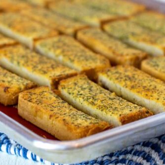 Garlic bread sticks fresh out of the oven.