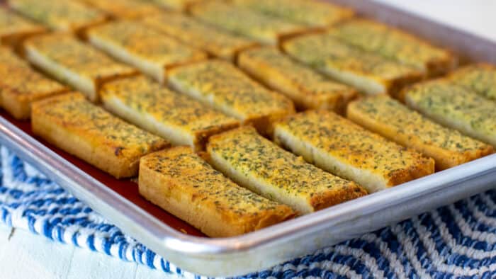 Garlic bread sticks fresh out of the oven.