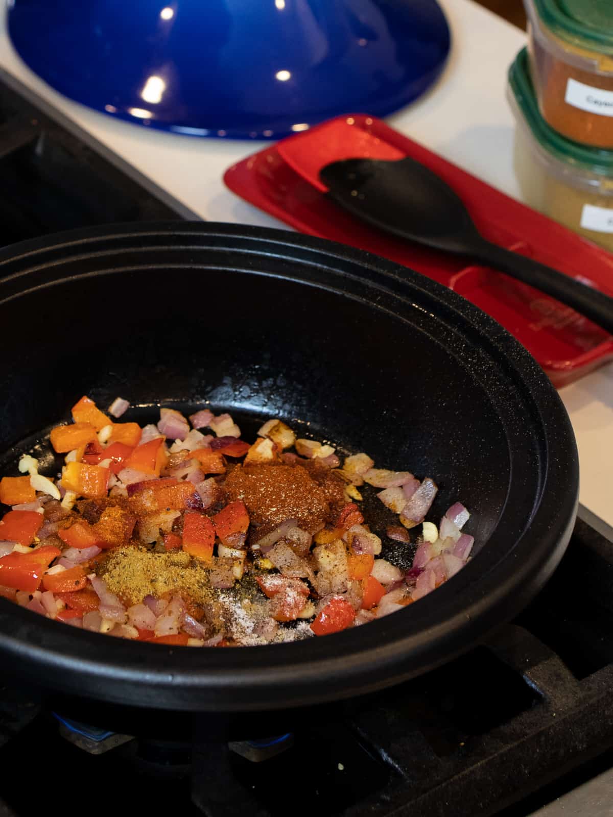 Moroccan seasoning added to the sautéed onions and peppers.