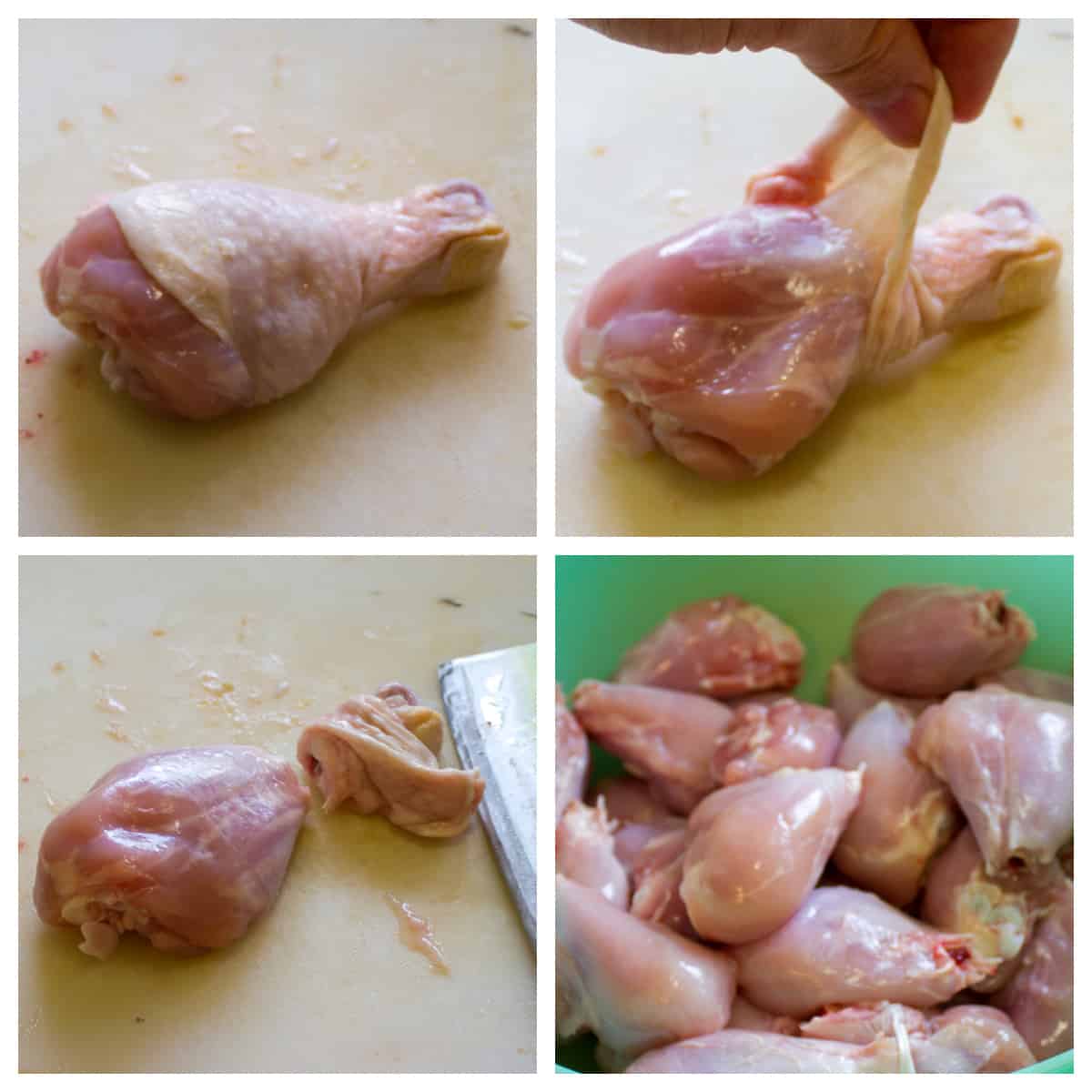 A four picture collage showing how to cut a chicken drumstick.