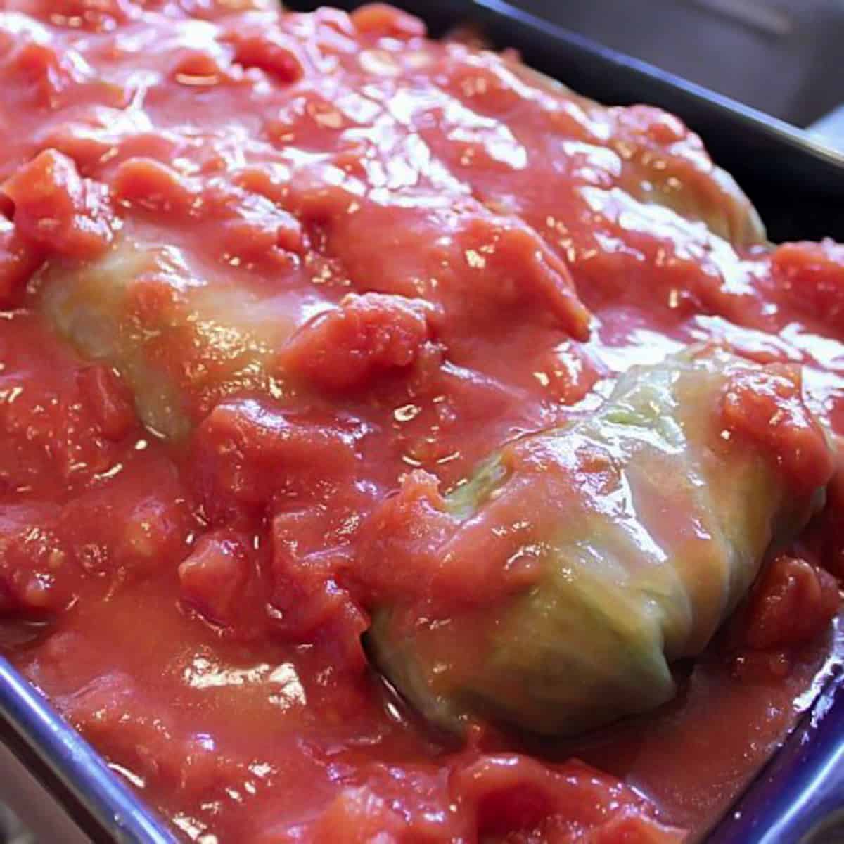 Cabbage rolls in a baking dish with a can of tomatoes poured over them.