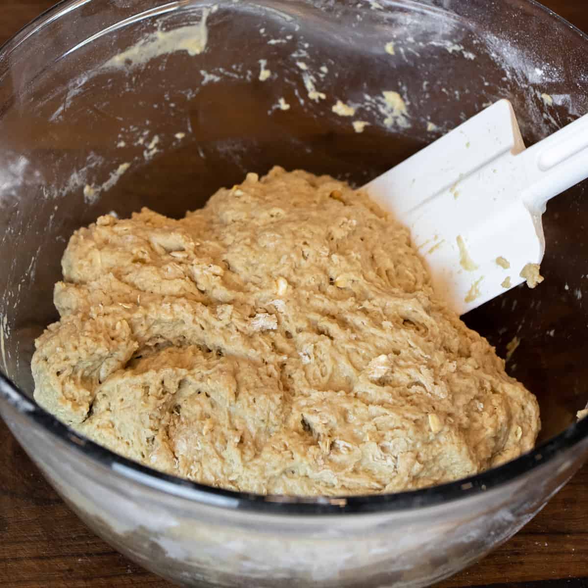 Batter mixed in a glass bowl.