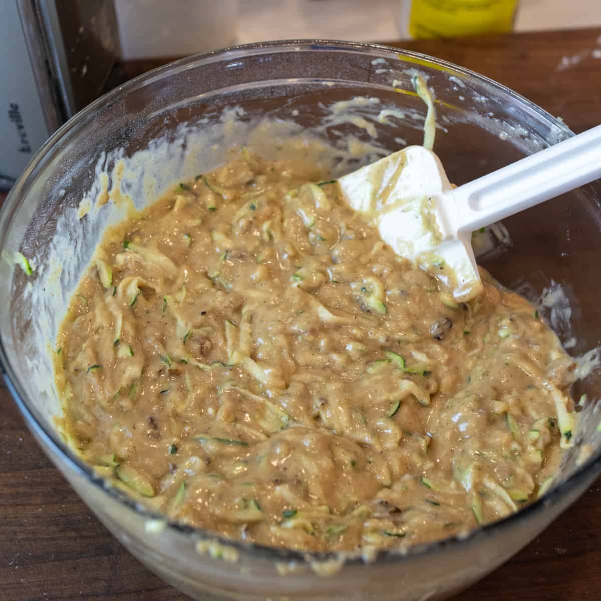 Zucchini batter mixed and ready to go into loaf pans.