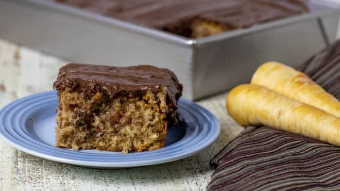 A piece of cake with chocolate icing next to two whole parsnips.