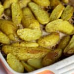 Close up picture of roasted fingerling potatoes.