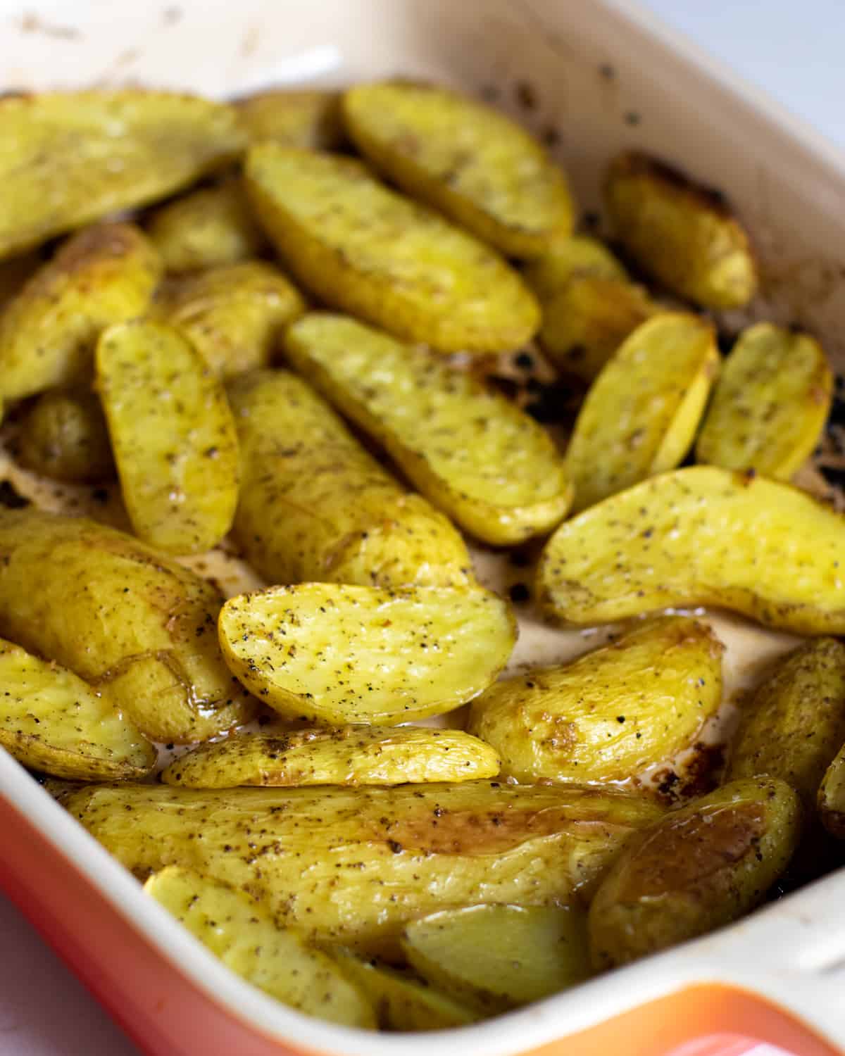 Overhead picture of roasted potatoes.