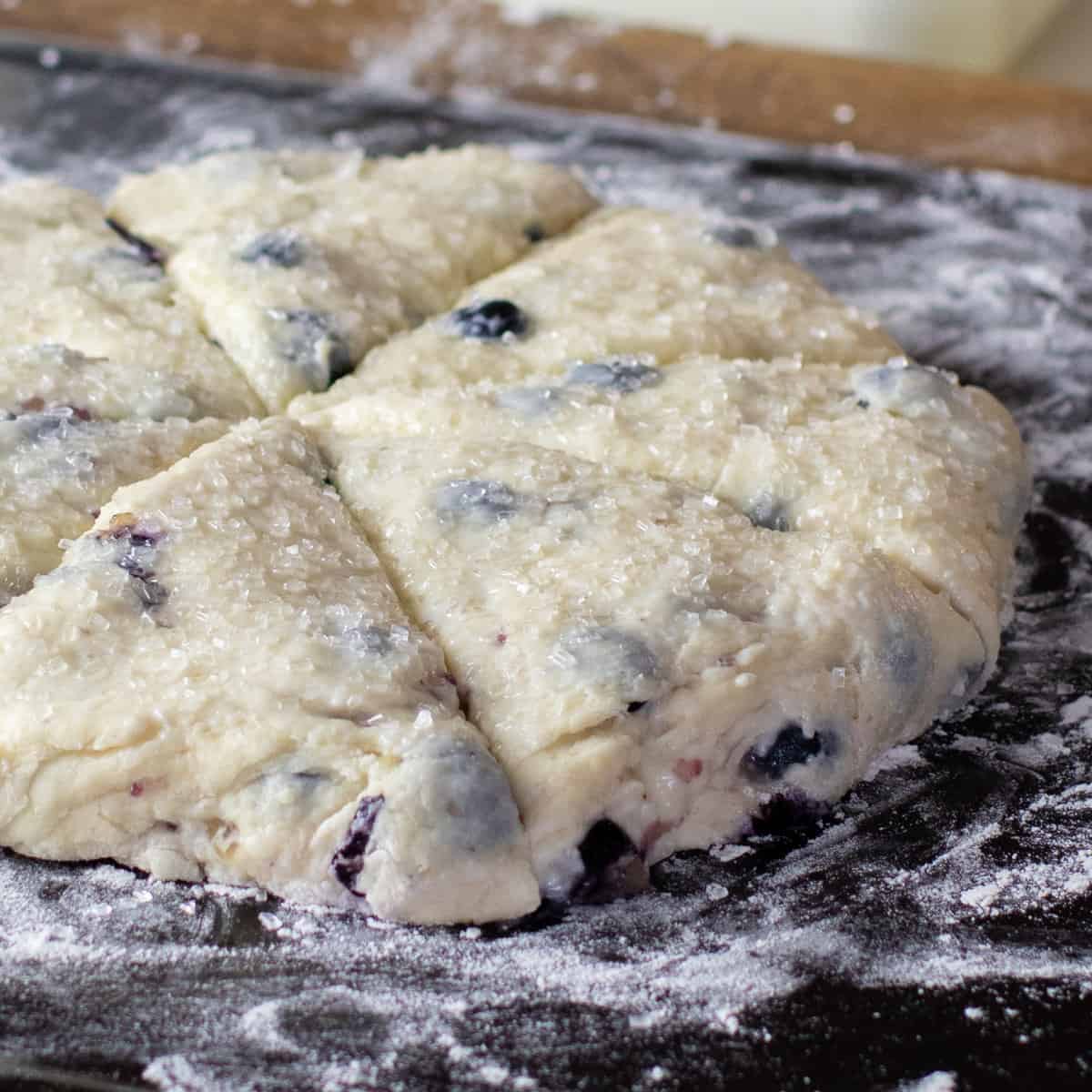 Scone dough that has been shaped into a round disc and sprinkled with coarse sugar.