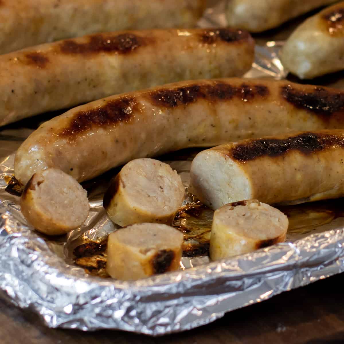 Cooked sausage cut into pieces. 