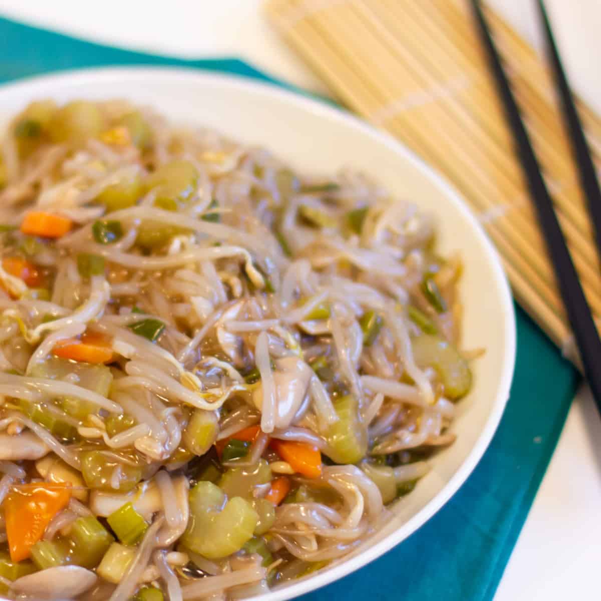 Chinese chop suey side dish in a large white serving bowl.