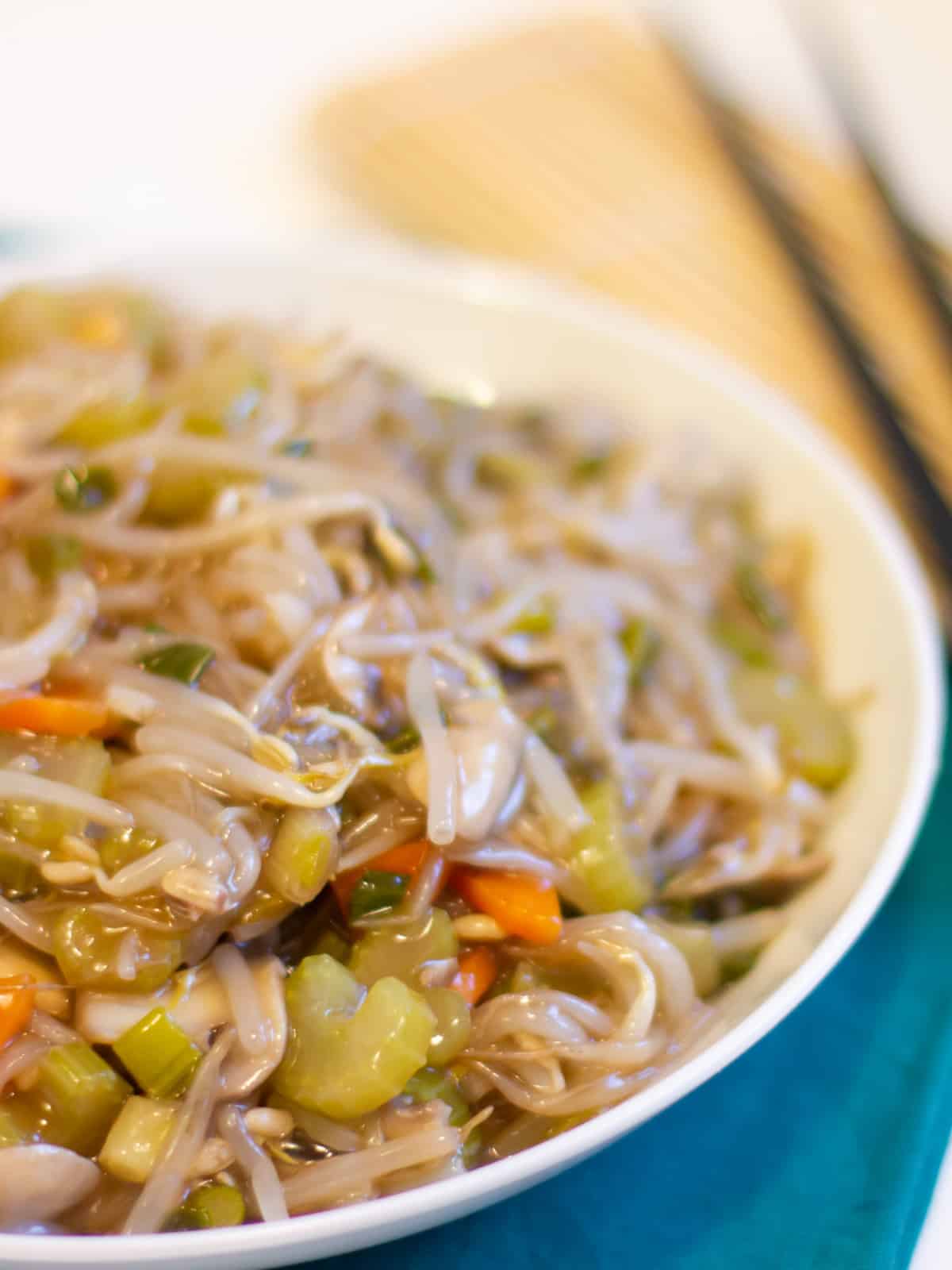 A close of up picture of stir fried bean sprouts.