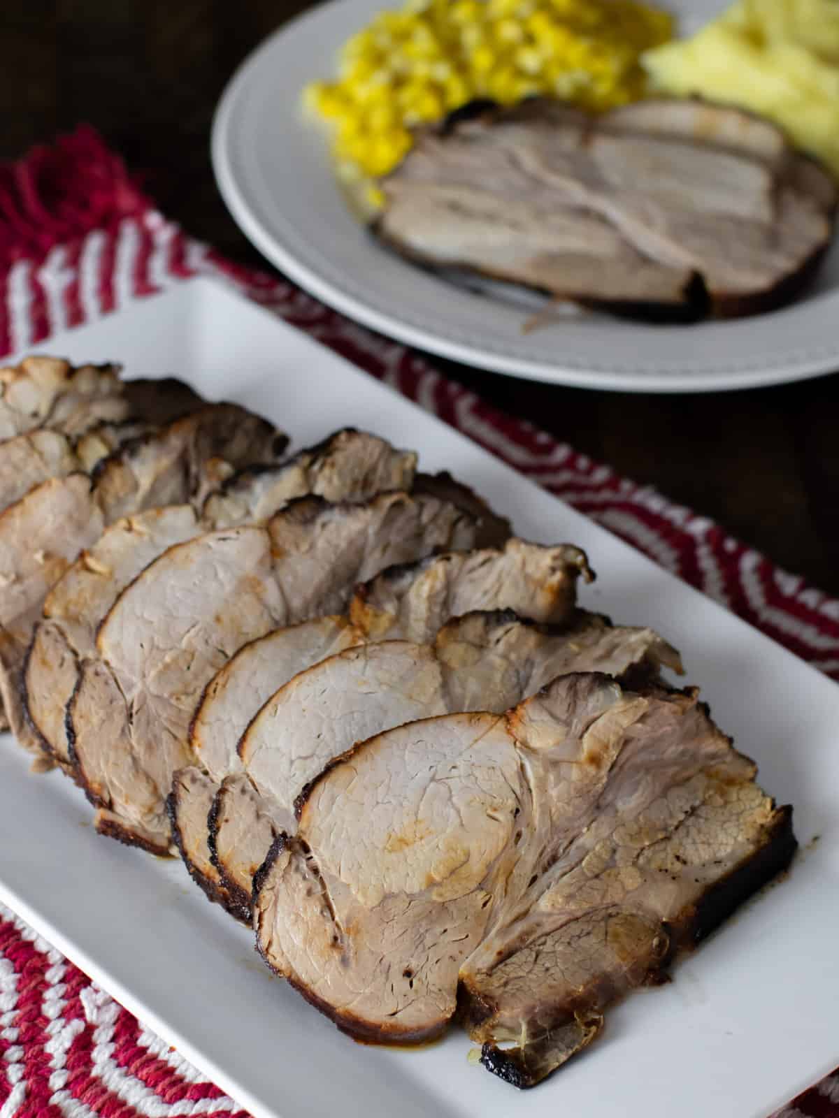 Overhead picture of sliced pork rib roast.