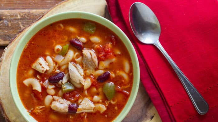 Overhead picture of a bowl of soup.