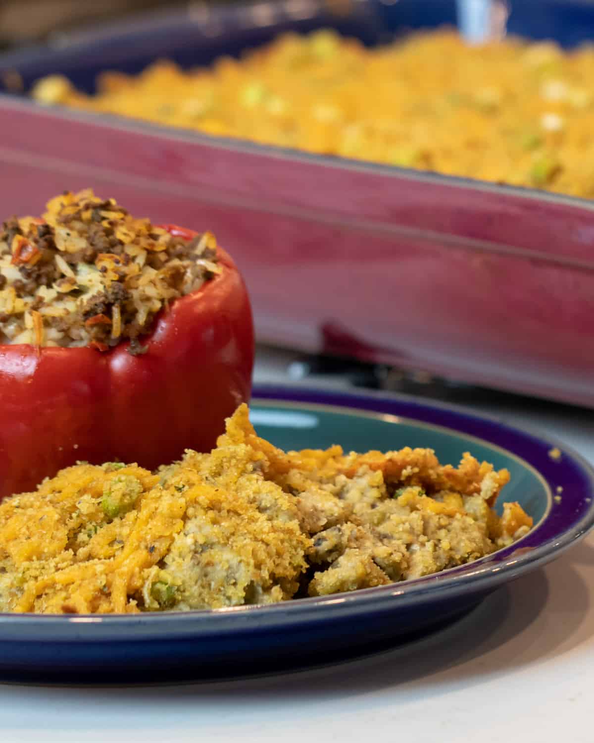 Vegetable casserole served on a dinner plate.