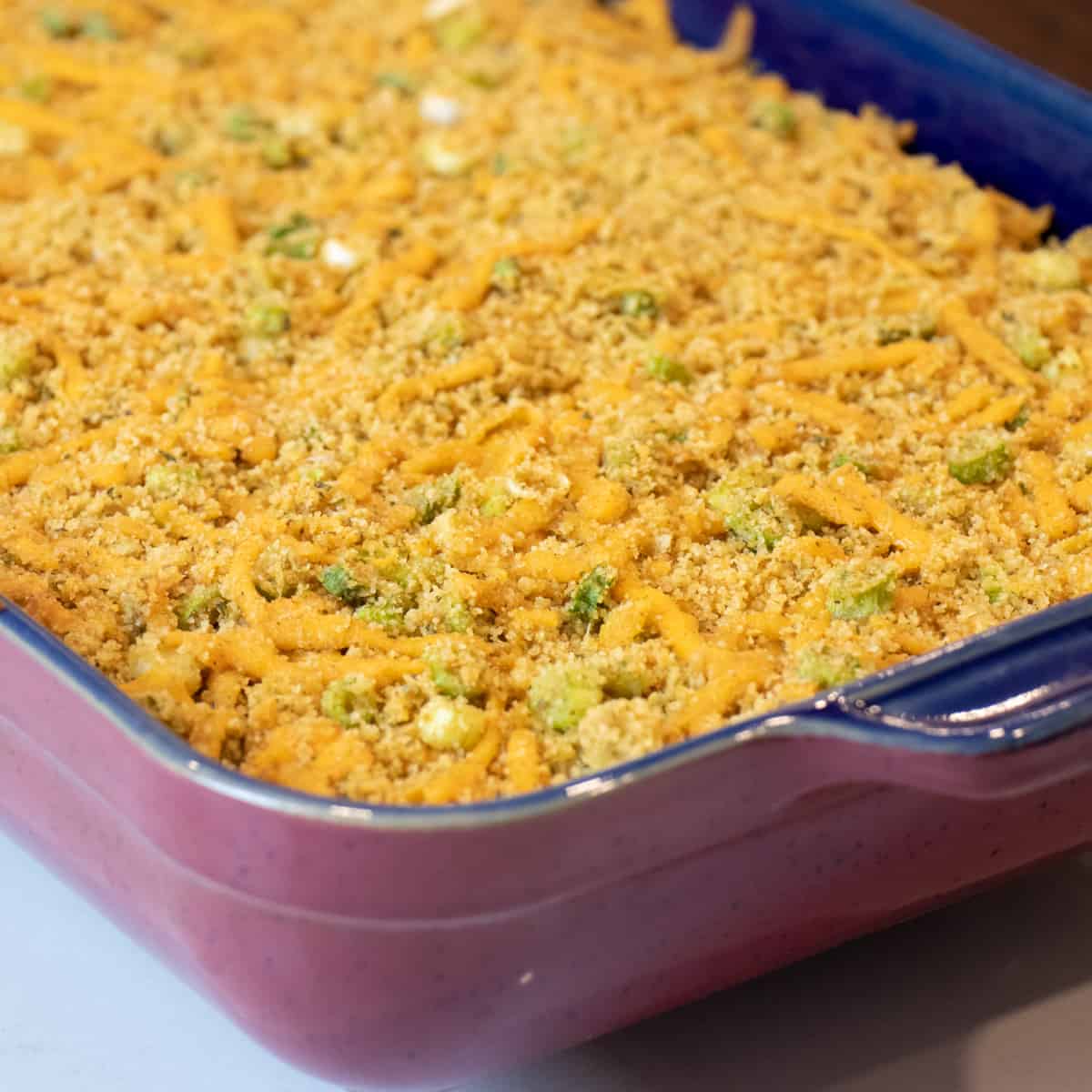 Baked casserole in a rectangular stoneware dish.