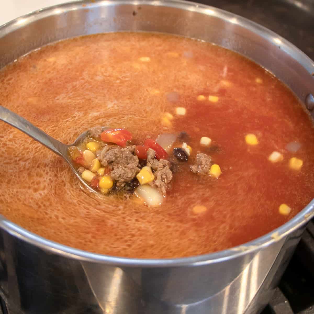A ladle scooping soup out of a pot.