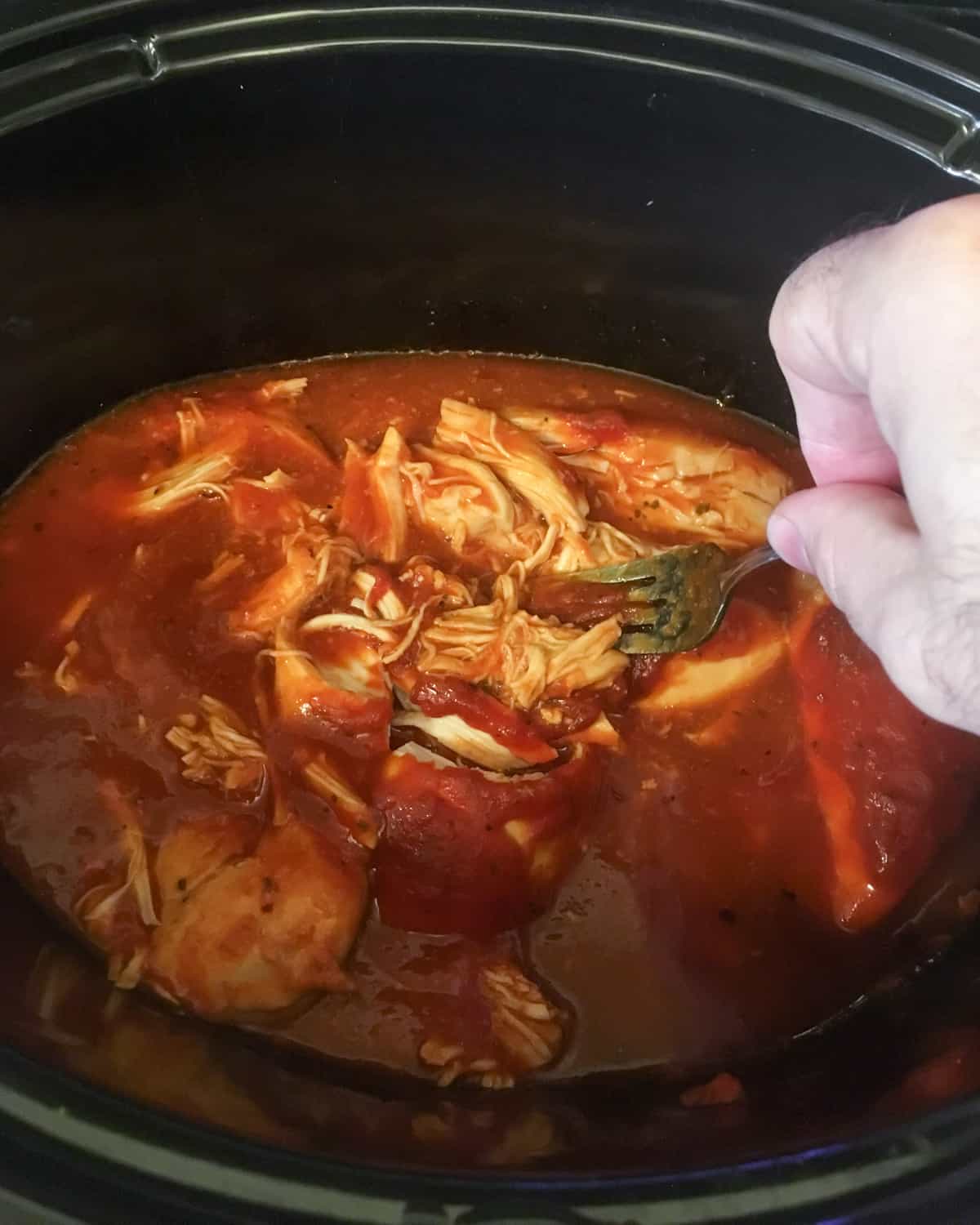 Using a fork to break apart the cooked chicken breasts.