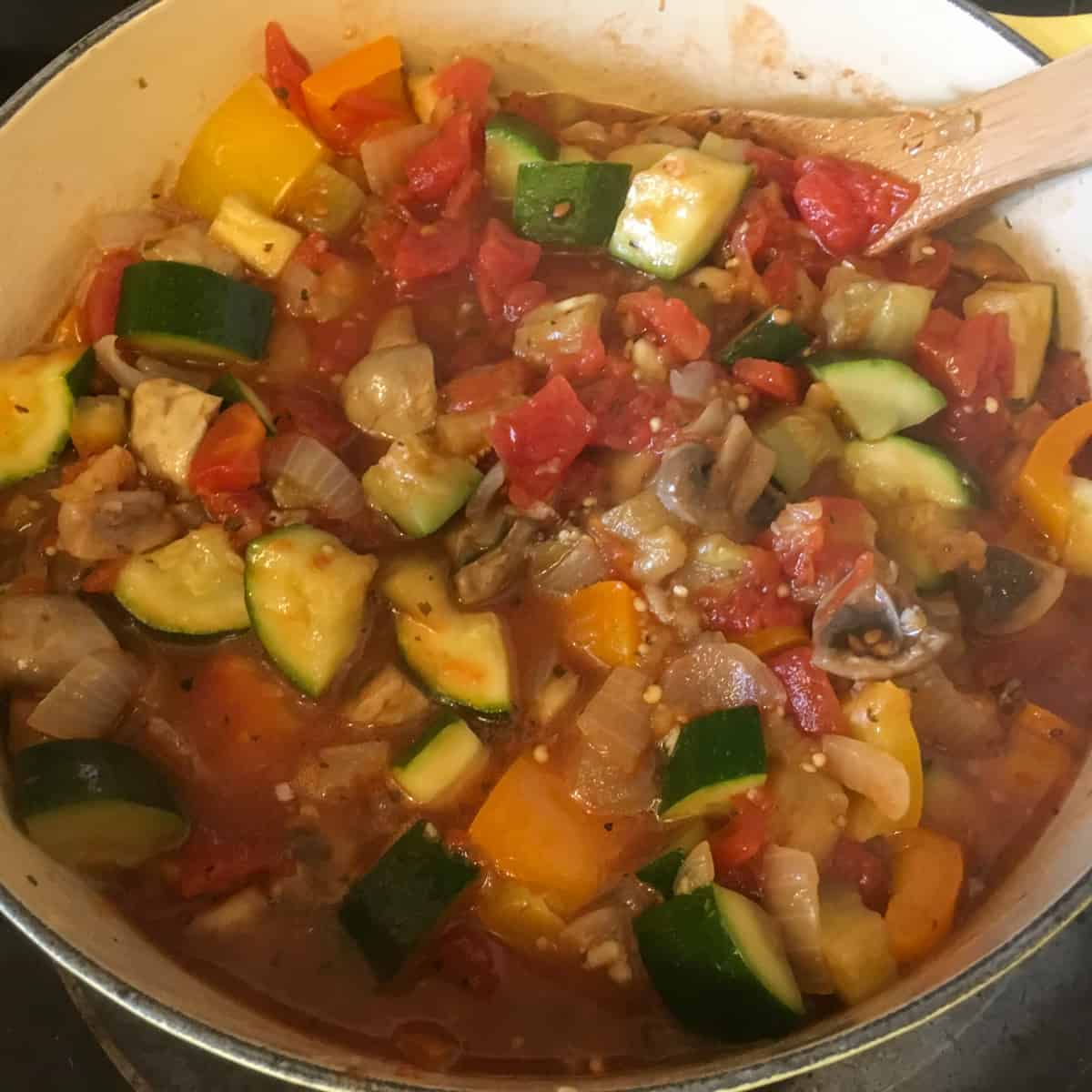 Ratatouille after it has been simmering for about 30 minutes.