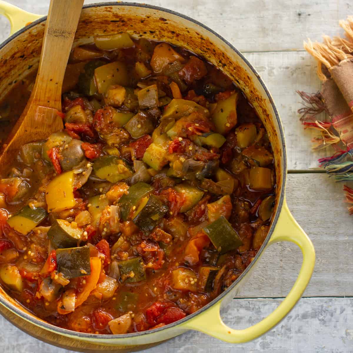 Overhead picture of stewed ratatouille.