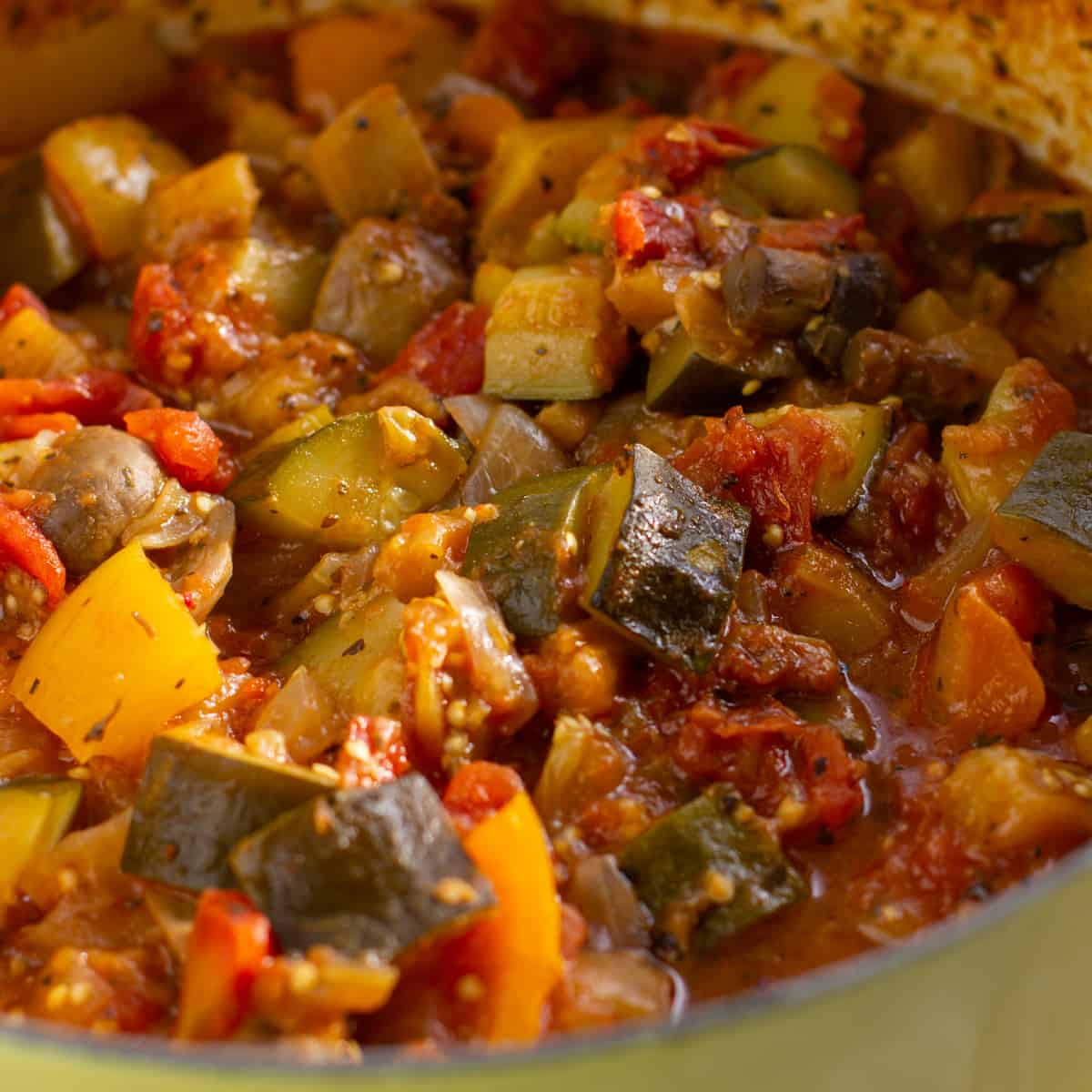 A close up picture of stewed vegetables.