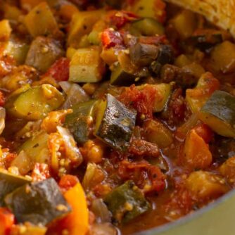 Stewed ratatouille in a dutch oven.