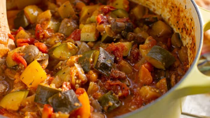 Stewed ratatouille in a dutch oven.