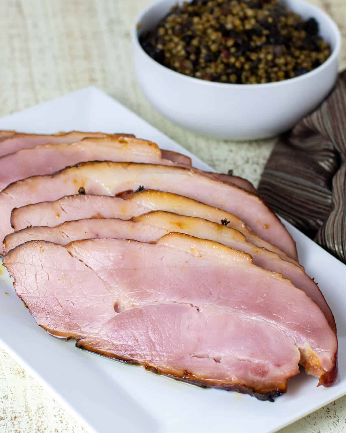 Sliced ham on a platter