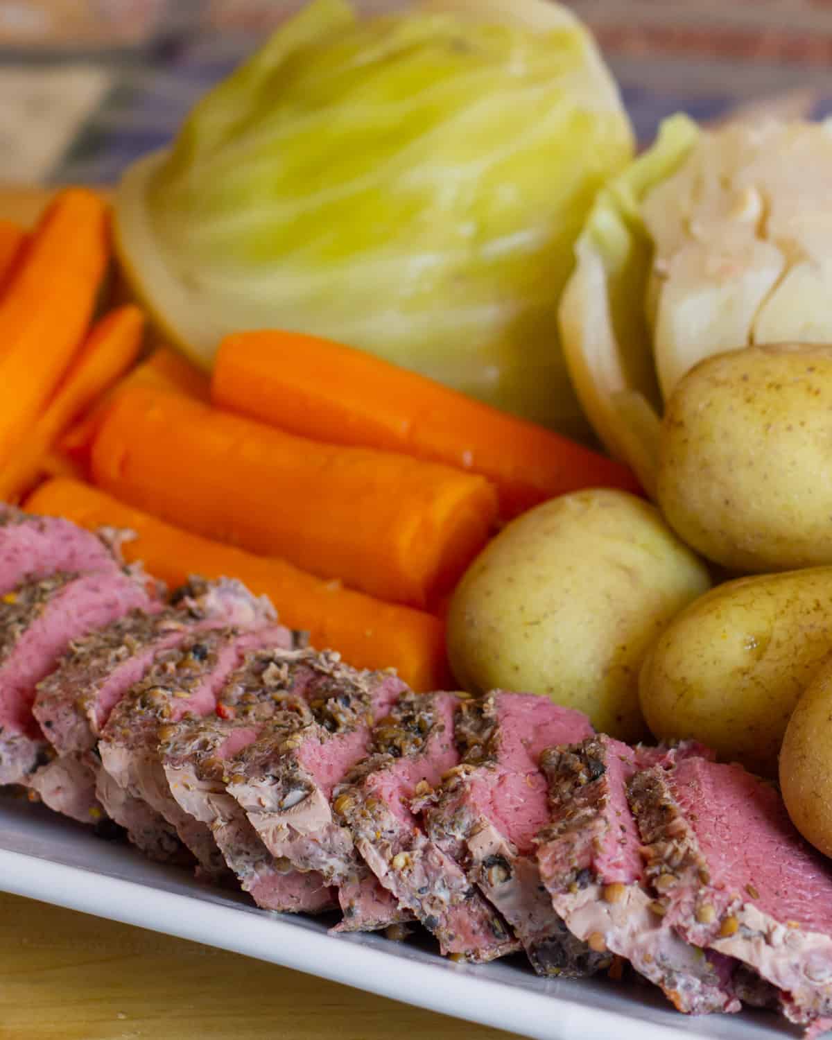 Close up picture of sliced corned beef.