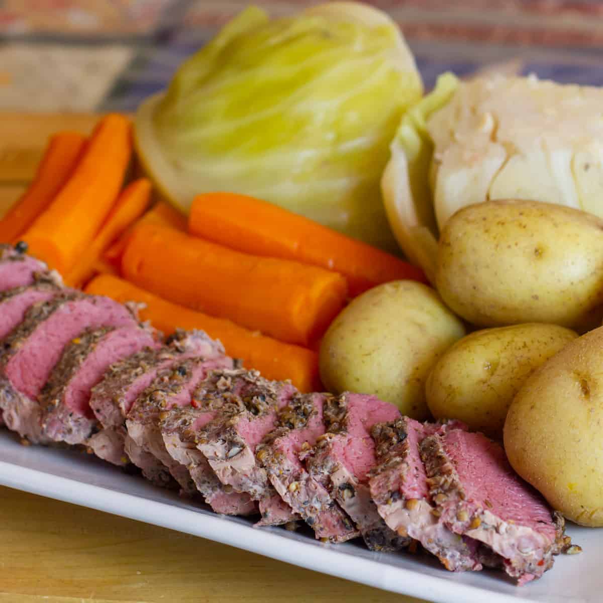Irish boiled dinner served on a large plate.