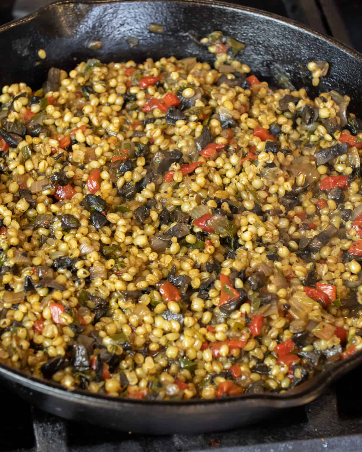 A cast iron skillet with wheat berry side dish.
