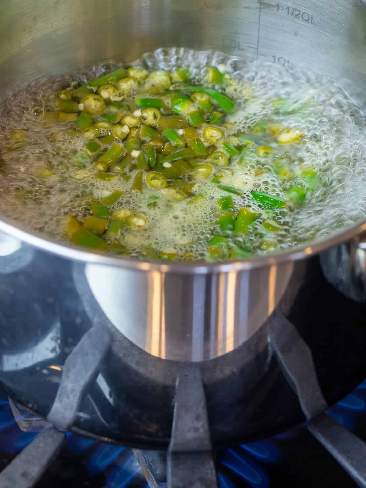 Boiling water and vinegar in a pot with chopped green chillies.