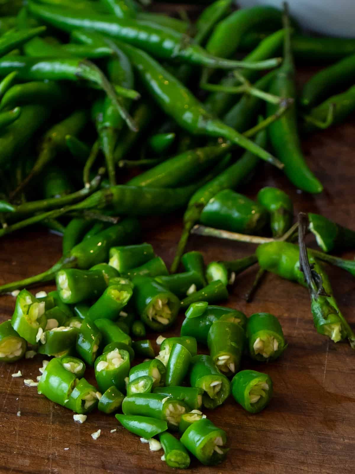 Green chilli peppers diced into chunks.