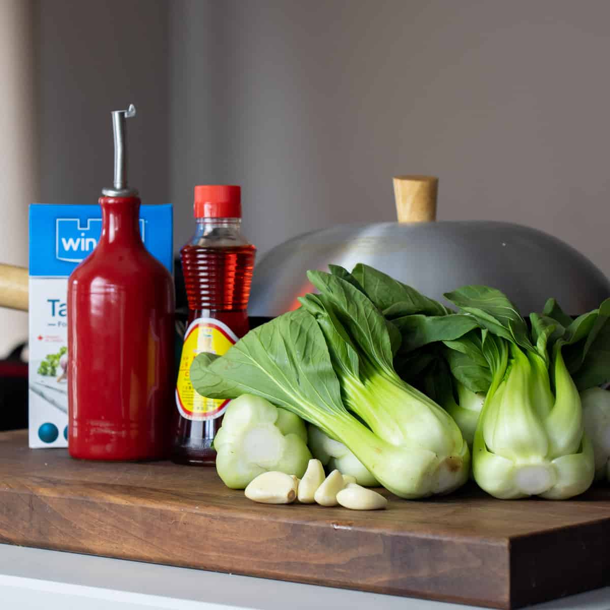 Ingredients gathers on a cutting board.