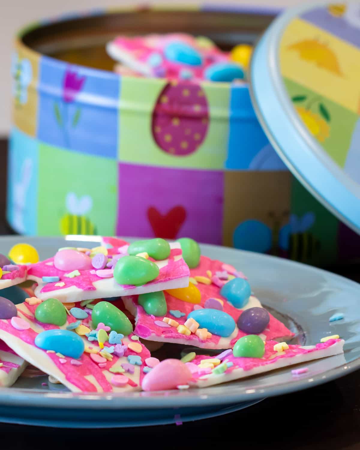 Chocolate bark on a blue plate.