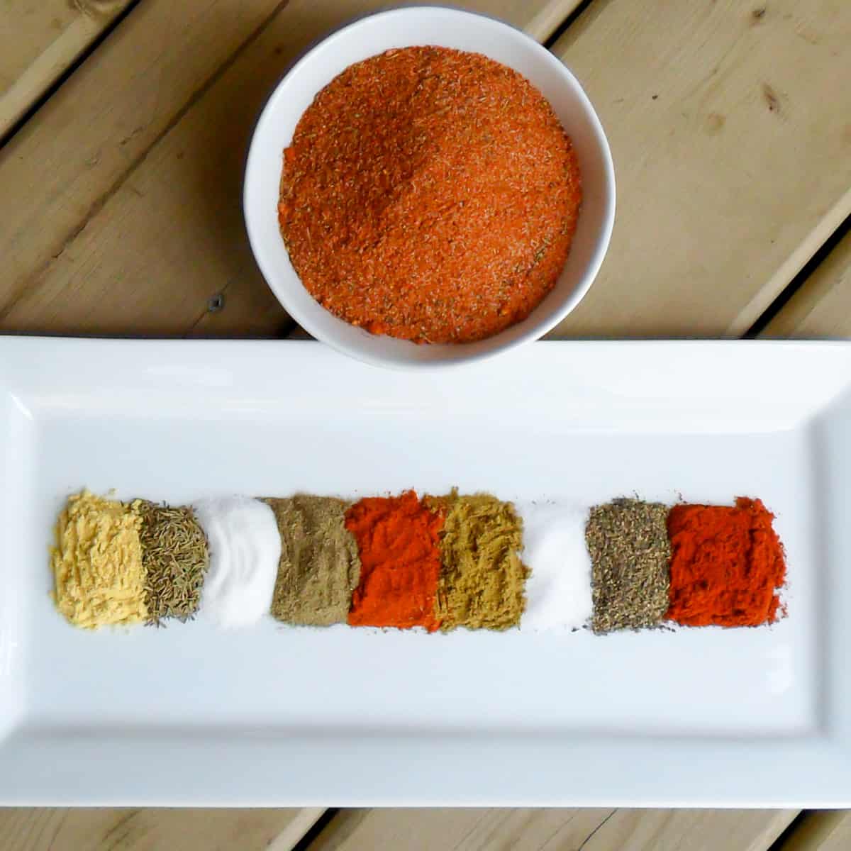 Spices divided and aligned on a rectangular plate.